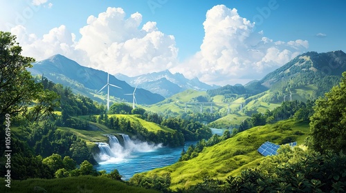 A serene landscape featuring rolling green hills, a river, wind turbines, blue skies, and fluffy clouds, embodying nature's beauty and renewable energy.