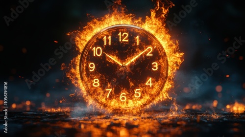 Clock engulfed in fiery flames against dark background, dramatic burning timepiece, intense glowing fire, concept of time and urgency, flaming clock, symbolism of time running out, glowing sparks photo