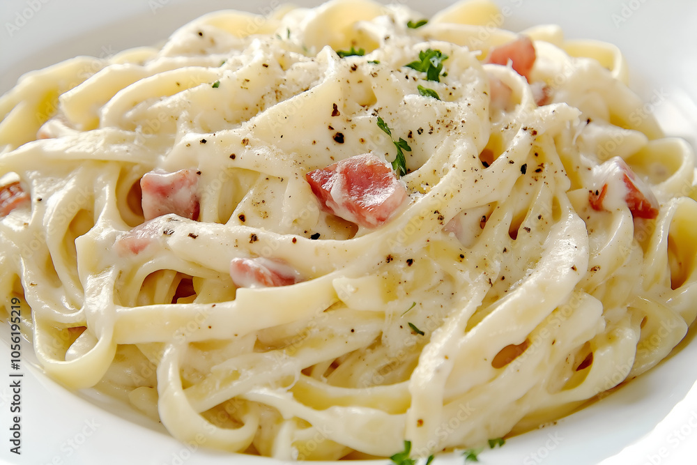 Italian pasta carbonara with creamy sauce, pancetta, and grated Parmesan, served with cracked black pepper on a white plate, Food photography Italian pasta carbonara with creamy sauce, pancetta, and grated Parmesan, served with cracked black pepper on a white plate, Food photography