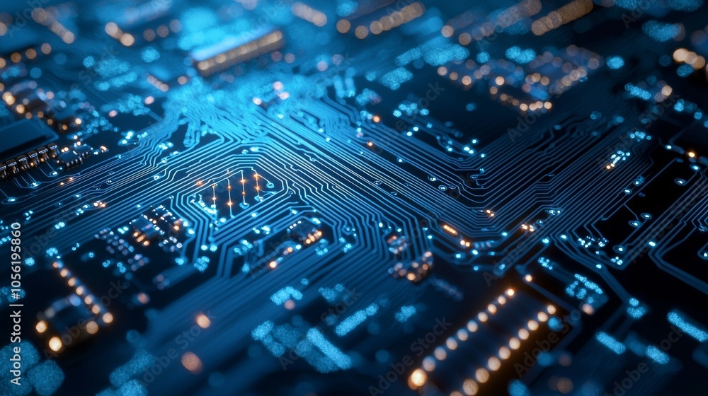 Close-up of an illuminated circuit board with blue lights Close-up of an illuminated circuit board with blue lights