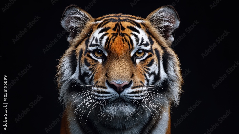 Majestic tiger staring intensely into the camera, powerful predator in dark background, wild animal portrait, strength and beauty, nature’s fierce creature, intense gaze Majestic tiger staring intensely into the camera, powerful predator in dark background, wild animal portrait, strength and beauty, nature’s fierce creature, intense gaze