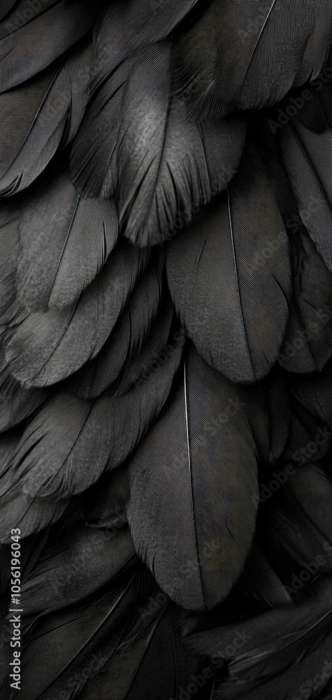 This striking wallpaper features dark black feathers arranged with soft, inviting textures This striking wallpaper features dark black feathers arranged with soft, inviting textures