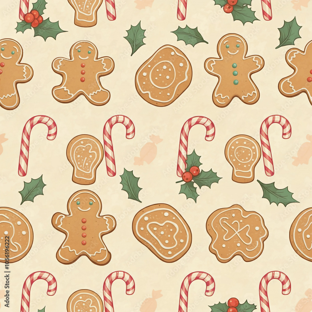 Gingerbread man cookie seamless pattern candy cane ginger biscuits repeatable background Gingerbread man cookie seamless pattern candy cane ginger biscuits repeatable background
