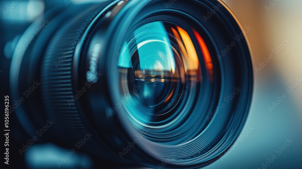 Close-up of camera lens with vibrant reflections in blue and orange light, professional photography equipment, detailed glass optics, creative focus, artistic bokeh, camera gear Close-up of camera lens with vibrant reflections in blue and orange light, professional photography equipment, detailed glass optics, creative focus, artistic bokeh, camera gear