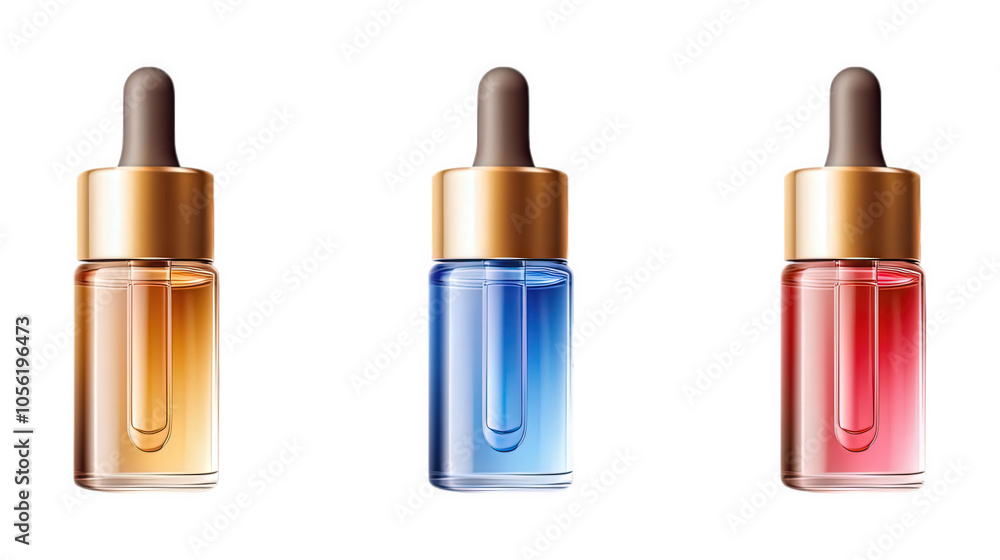 Set of elegant glass dropper bottles showcasing vibrant liquid colors, symbolizing beauty products, isolated on transparent PNG background Set of elegant glass dropper bottles showcasing vibrant liquid colors, symbolizing beauty products, isolated on transparent PNG background