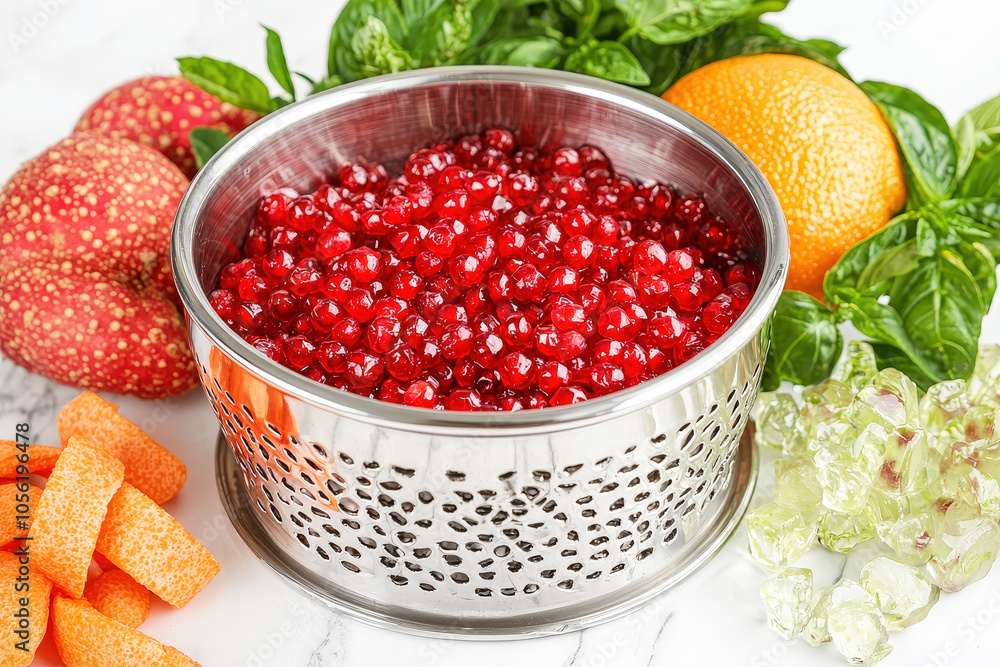 A silver bowl filled with bright red currants is surrounded by fresh fruits and herbs, creating a lively kitchen arrangement A silver bowl filled with bright red currants is surrounded by fresh fruits and herbs, creating a lively kitchen arrangement