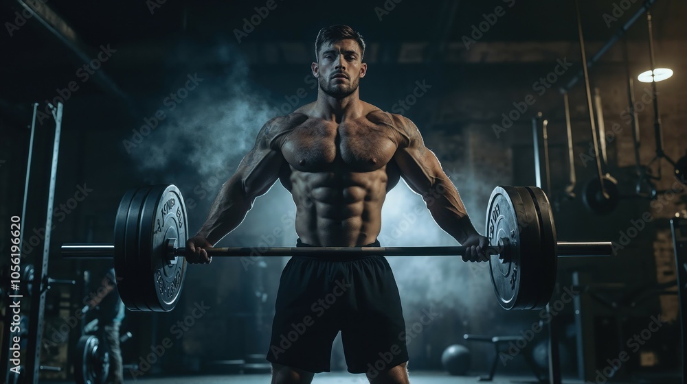 A man is lifting a heavy barbell while working out in a gym A man is lifting a heavy barbell while working out in a gym
