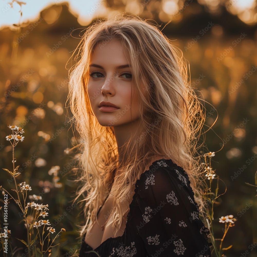 Fototapeta premium A young woman stands thoughtfully among flowers in a sunlit field, capturing a moment of tranquility and beauty.
