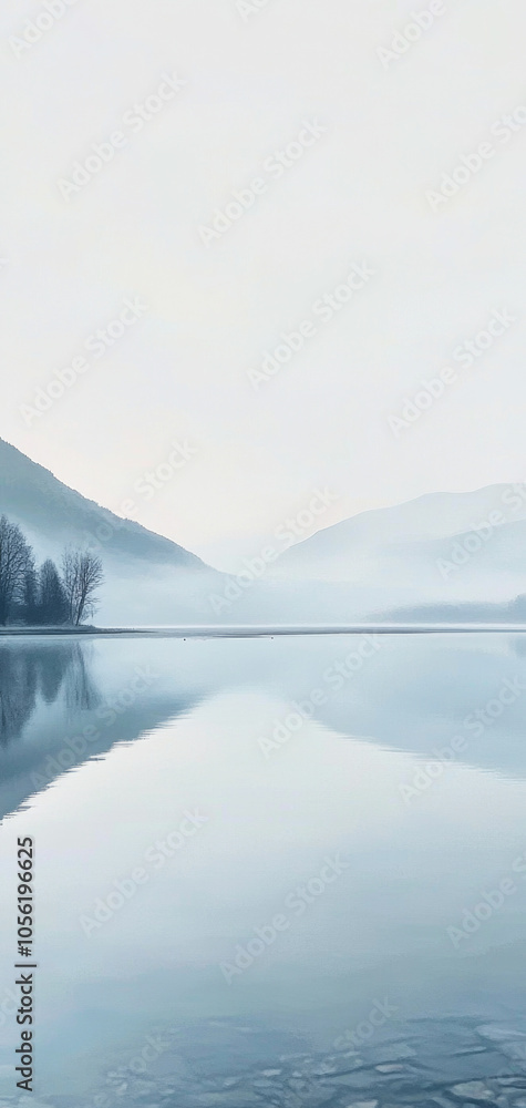 Tranquil early morning mist over a serene lake with pastel hues in the sky Tranquil early morning mist over a serene lake with pastel hues in the sky