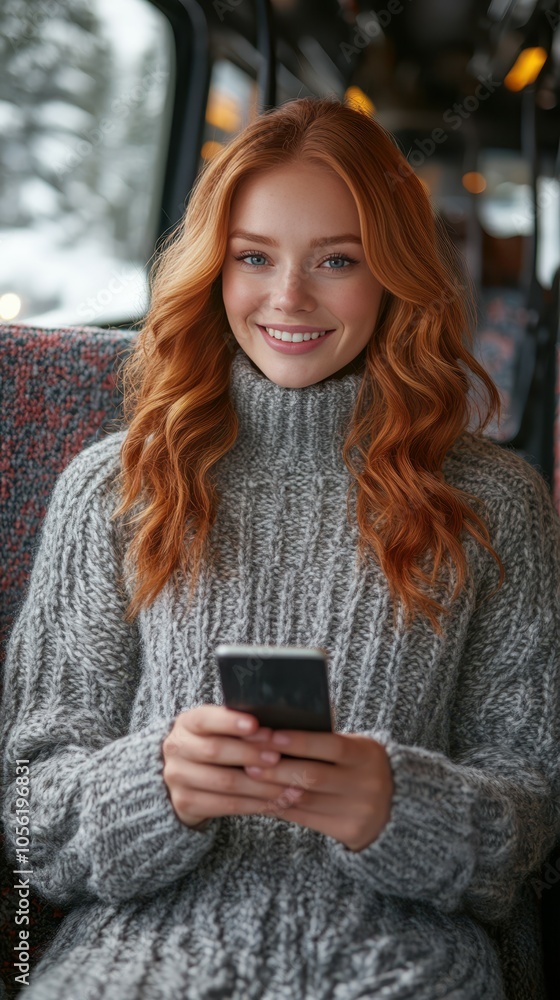 Fototapeta premium A cheerful woman with flowing red hair sits on a bus, dressed in a warm, knitted sweater. She smiles as she uses her smartphone, with snowy scenery visible through the window