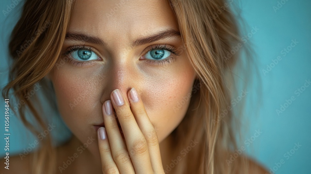 Young Woman with Intense Blue Eyes Covering Mouth, Thoughtful Look, Close-Up Portrait, Delicate Features, Natural Beauty, Youth, Skin Texture, Light Background, Feminine Expression Young Woman with Intense Blue Eyes Covering Mouth, Thoughtful Look, Close-Up Portrait, Delicate Features, Natural Beauty, Youth, Skin Texture, Light Background, Feminine Expression