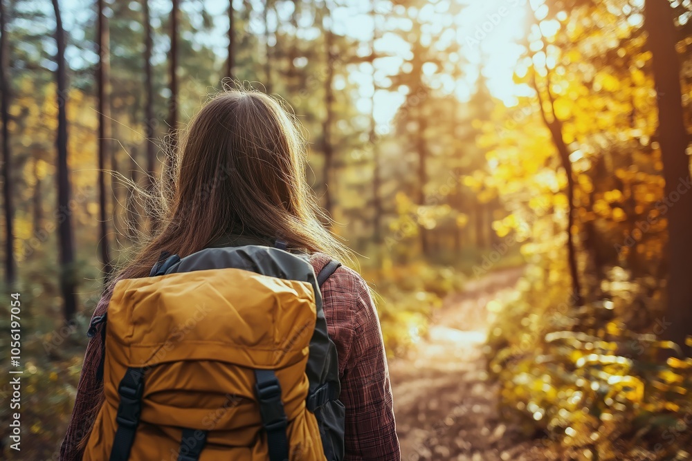 A woman with a backpack walks through a sunlit forest path, surrounded by autumn foliage and tranquil atmosphere. A woman with a backpack walks through a sunlit forest path, surrounded by autumn foliage and tranquil atmosphere.