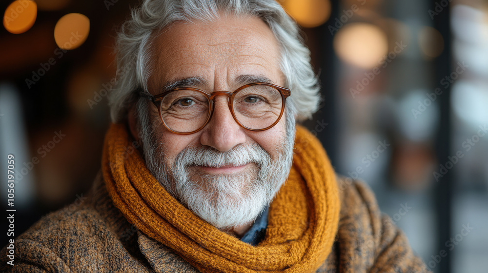 Elderly man with glasses and beard smiling warmly, close-up portrait, cozy sweater and scarf, relaxed expression, mature wisdom, aging gracefully, peaceful elderly life, contentment Elderly man with glasses and beard smiling warmly, close-up portrait, cozy sweater and scarf, relaxed expression, mature wisdom, aging gracefully, peaceful elderly life, contentment