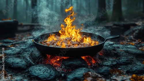 A cast iron skillet sits on a campfire in a forest, with food cooking over the flames.