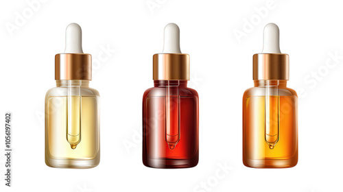 Collection of beauty serums in glass dropper bottles showcasing vibrant hues of gold, red, and amber in a minimalist setting, isolated on transparent PNG background