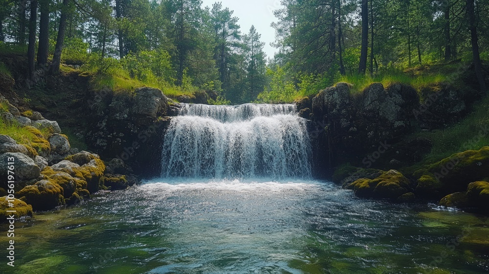 Fototapeta premium Tranquil Waterfall in a Lush Green Forest