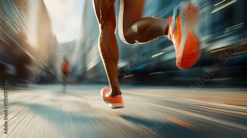 A person's legs running, blurred city lights in the background.

