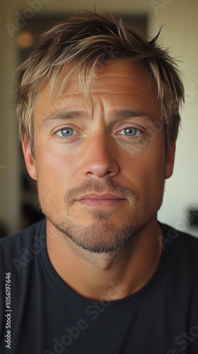 The individual displays a contemplative expression, featuring bright blue eyes and unkempt blonde hair, set against a warm, softly lit indoor background