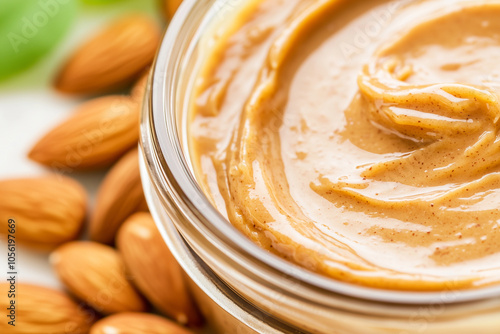 A close-up shot of a glass jar filled with creamy almond butter, its smooth golden surface glistening in the light. The jar sits on a white surface, surrounded by whole almonds scattered artfully arou photo