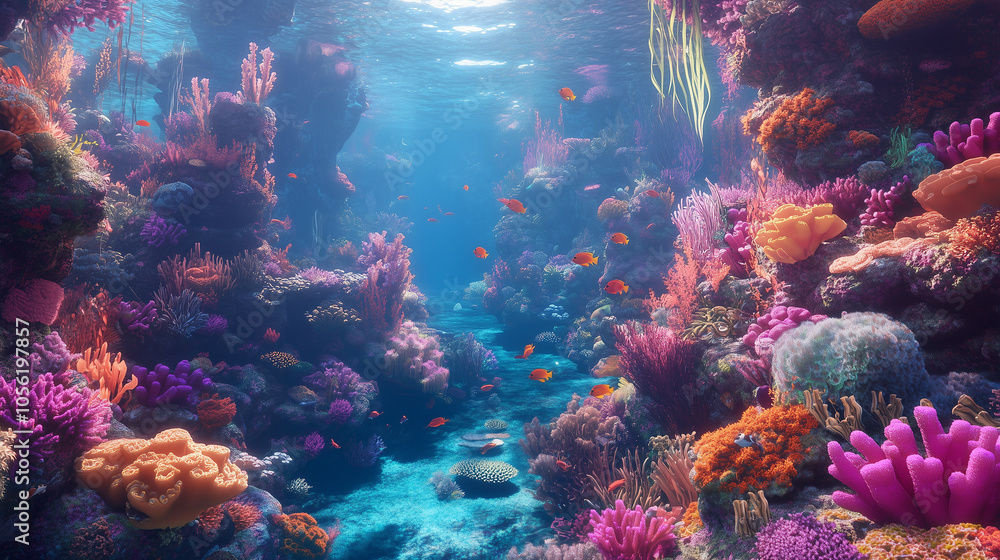 Sunlight shines through the ocean depths, revealing a vibrant coral reef teeming with colorful marine creatures Sunlight shines through the ocean depths, revealing a vibrant coral reef teeming with colorful marine creatures