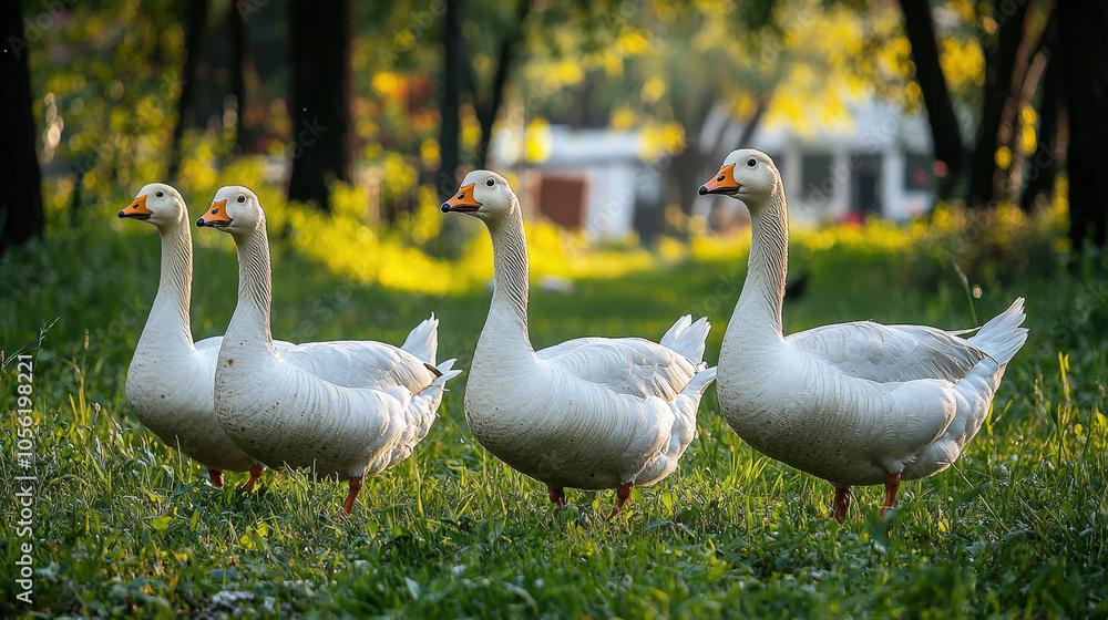 Four white geese stroll along a vibrant green pathway surrounded by trees in a peaceful morning atmosphere Four white geese stroll along a vibrant green pathway surrounded by trees in a peaceful morning atmosphere