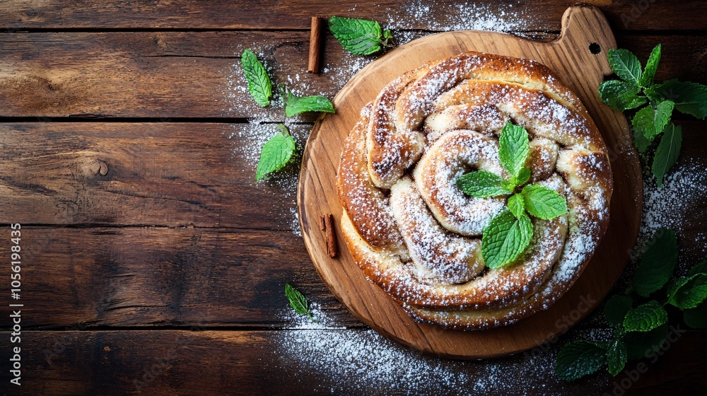 Cinnamon roll topped with a creamy, thick glaze, isolated on a rustic wood background, with fresh mint and powdered sugar Cinnamon roll topped with a creamy, thick glaze, isolated on a rustic wood background, with fresh mint and powdered sugar