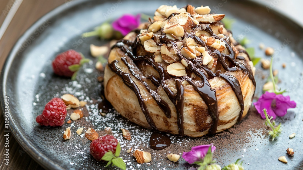 Cinnamon roll topped with chocolate drizzle and nuts, isolated on a metallic gray plate, with small berries and flowers Cinnamon roll topped with chocolate drizzle and nuts, isolated on a metallic gray plate, with small berries and flowers