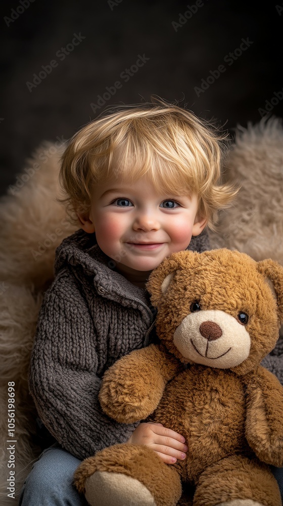 A young child with curly blond hair joyfully embraces a fluffy teddy bear. Dressed in a warm sweater, the child sits comfortably on a soft surface in a warmly lit room A young child with curly blond hair joyfully embraces a fluffy teddy bear. Dressed in a warm sweater, the child sits comfortably on a soft surface in a warmly lit room