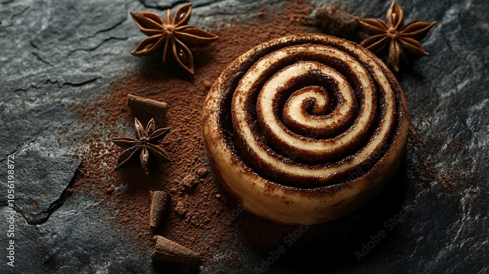 Cinnamon roll with a chocolate swirl, isolated on a charcoal gray surface, with cocoa powder and star anise Cinnamon roll with a chocolate swirl, isolated on a charcoal gray surface, with cocoa powder and star anise