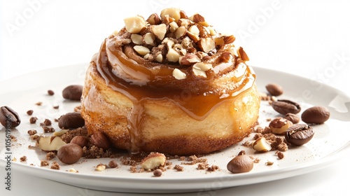 Cinnamon roll topped with maple glaze, isolated on a white ceramic plate, with crushed hazelnuts and a few coffee beans