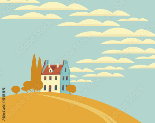 Autumn landscape with town house, yellowed trees on hill and clouds in the bright blue sky. Cartoon children's fall illustration. Decorative vector banner in flat style