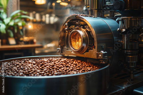 Aromatic coffee beans roasting in a vintage coffee roaster at a local coffee shop 