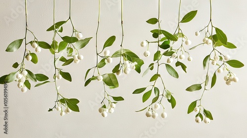  Green leaves and white flowers dangle from the ceiling in a white-walled room photo