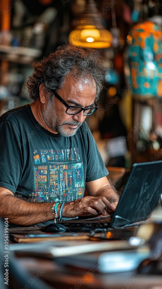 An individual immersed in his work at a lively café, typing intently on a laptop surrounded by a colorful and dynamic environment An individual immersed in his work at a lively café, typing intently on a laptop surrounded by a colorful and dynamic environment