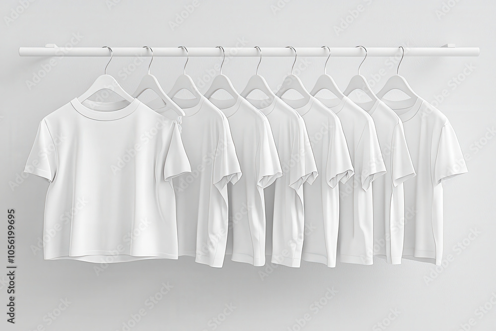 Several identical white t-shirts are organized on hangers, displaying a minimalist design against a bright background Several identical white t-shirts are organized on hangers, displaying a minimalist design against a bright background
