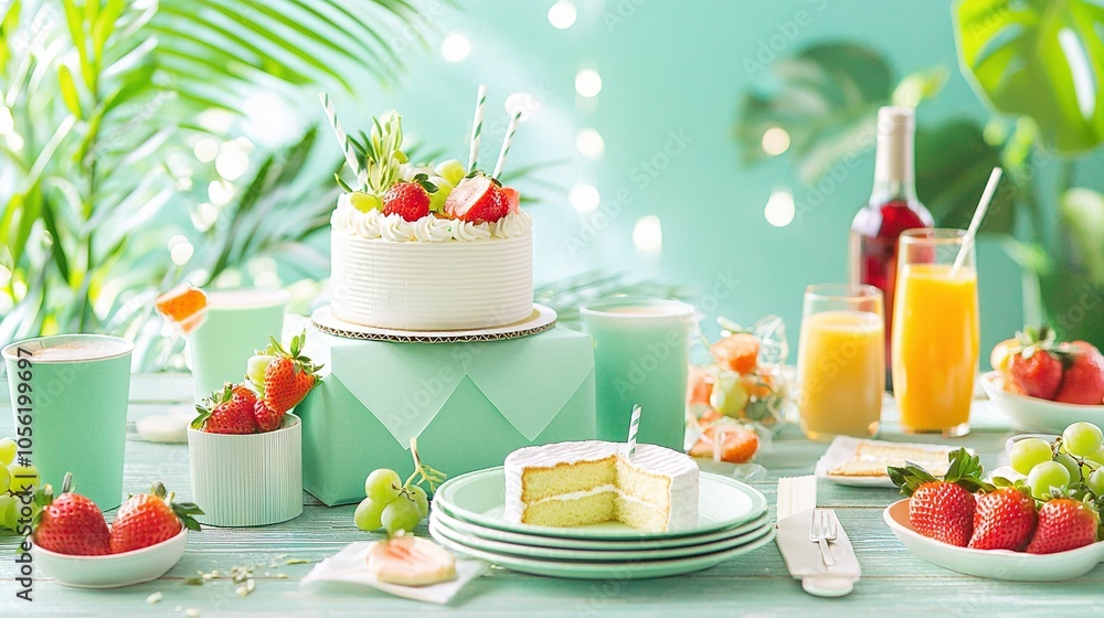 Cake with Fruit Topper, Orange Juice Glasses Cake with Fruit Topper, Orange Juice Glasses