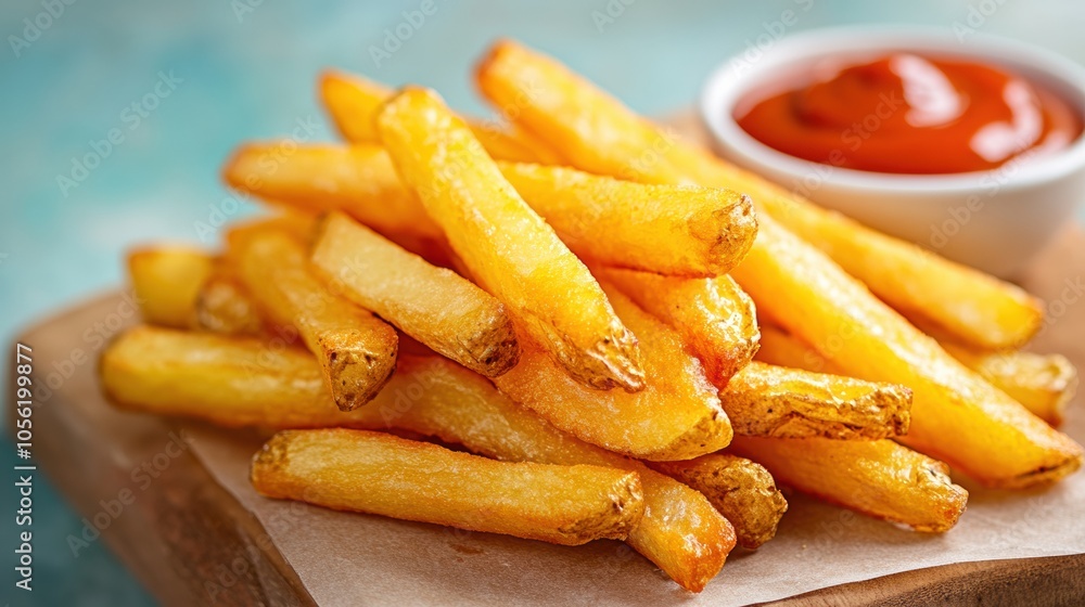 Golden, crispy French fries served with a side of tangy ketchup on a wooden board, AI Golden, crispy French fries served with a side of tangy ketchup on a wooden board, AI