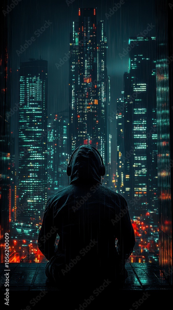 Amidst the rain, a person wearing headphones sits quietly, captivated by the vibrant lights of a bustling city skyline at night, reflecting urban life Amidst the rain, a person wearing headphones sits quietly, captivated by the vibrant lights of a bustling city skyline at night, reflecting urban life