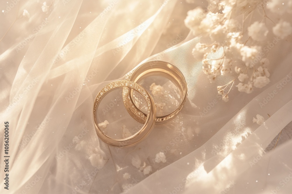 Elegant Gold Wedding Rings on Soft Fabric with Flowers Elegant Gold Wedding Rings on Soft Fabric with Flowers