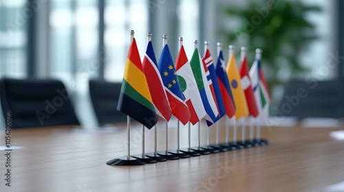 A row of diverse international flags on a wooden conference table, symbolizing global unity and cooperation in a modern office environment. photo