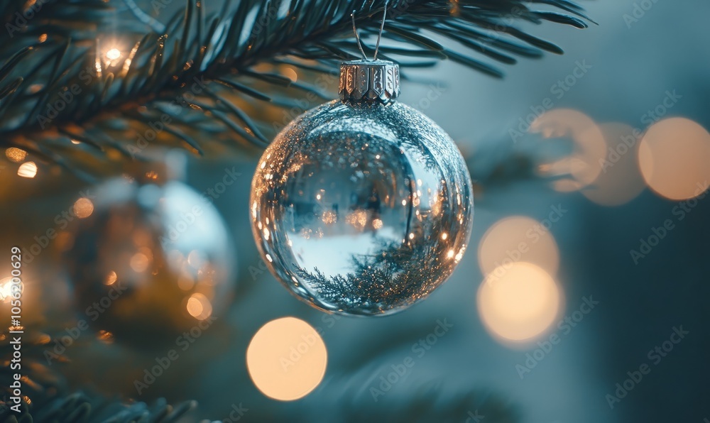 Close-up of delicate glass Christmas ornaments hanging on a fir tree branch, reflecting the soft glow of fairy lights