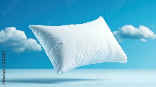 Floating pillow against a serene sky with fluffy clouds, AI