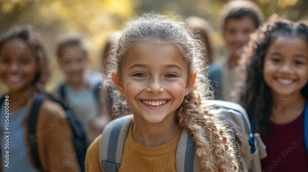 A smiling girl with curly hair leads a group of children and adults hiking in a forest with blurred background A smiling girl with curly hair leads a group of children and adults hiking in a forest with blurred background