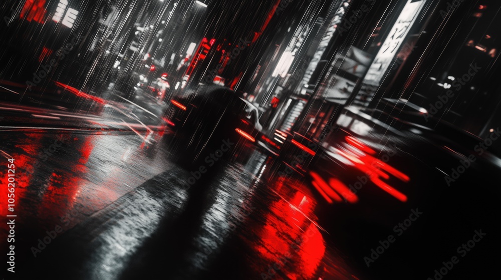 Naklejka premium Dramatic nighttime urban scene capturing heavy rain, blurred lights, and wet streets with striking red and black contrasts, illustrating a cinematic city atmosphere.