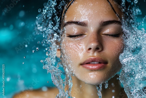 female swimmer or diver emerging from a pool, water cascading down her face and shoulders, minimal background with copy space