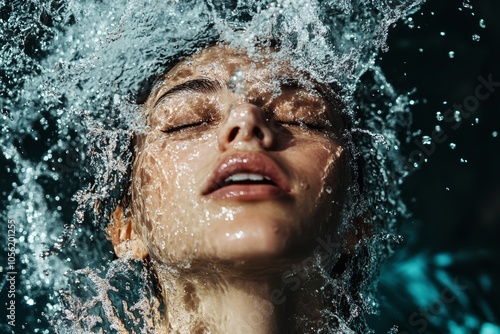 female swimmer or diver emerging from a pool, water cascading down her face and shoulders, minimal background with copy space