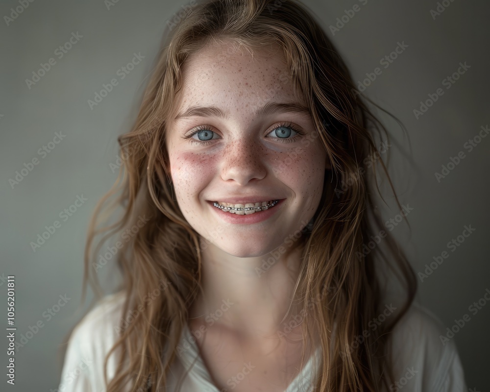 Smiling Girl with Braces on Solid Background Smiling Girl with Braces on Solid Background