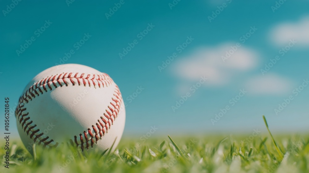 A baseball resting on fresh green grass under a clear blue sky in a sunny outdoor setting A baseball resting on fresh green grass under a clear blue sky in a sunny outdoor setting