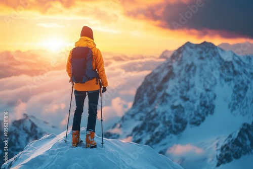 A solitary hiker stands on a snowy peak, marveling at the vibrant sunset illuminating the sky photo