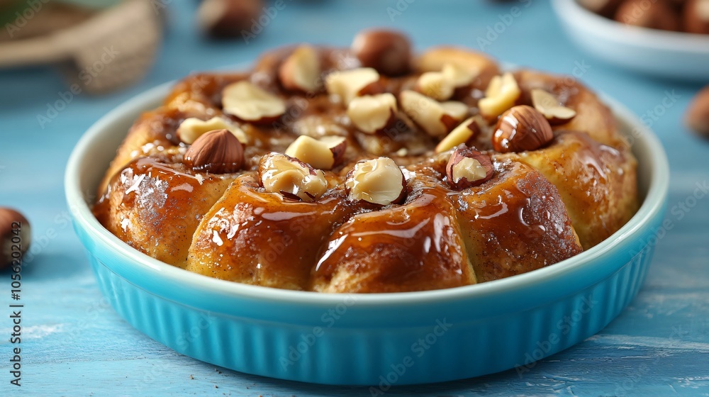 Warm cinnamon roll with caramelized edges, isolated on a blue ceramic dish, with whole hazelnuts and honey drizzle Warm cinnamon roll with caramelized edges, isolated on a blue ceramic dish, with whole hazelnuts and honey drizzle